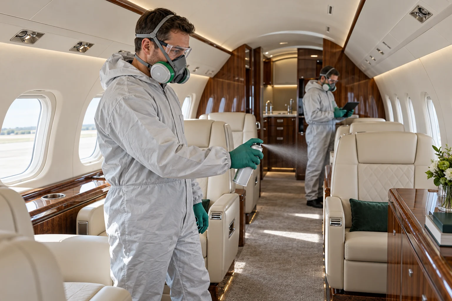 Illustration of technicians carrying out and documenting treatment in an empty private aircraft cabin