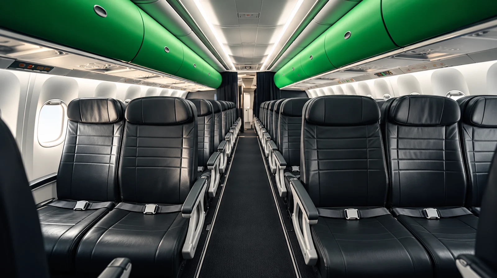 Commercial aircraft cabin with neatly arranged seatbelts, black leather seats and green overhead bins