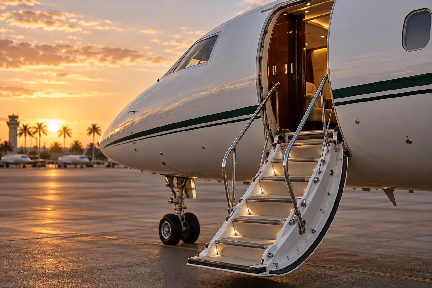 Private jet entrance and boarding stairs in warm Florida evening light