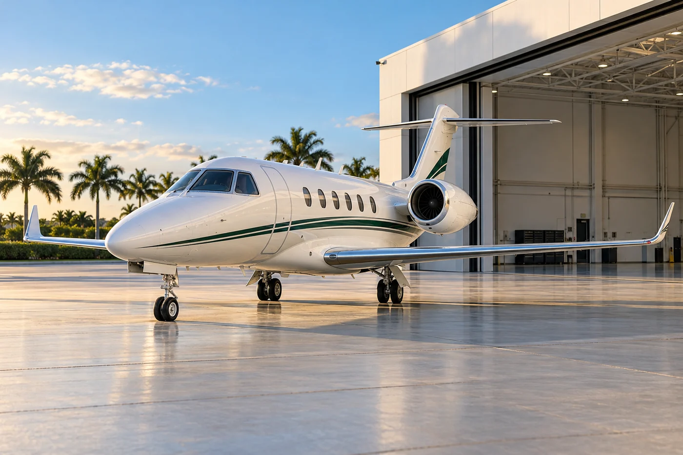 White business jet beside a modern Florida hangar with distant palm trees