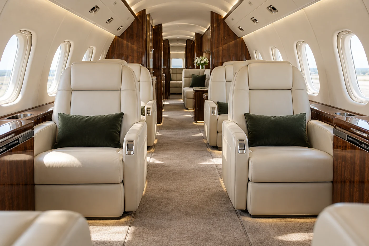 Quiet private jet cabin with ivory seating, warm wood and a clean aisle