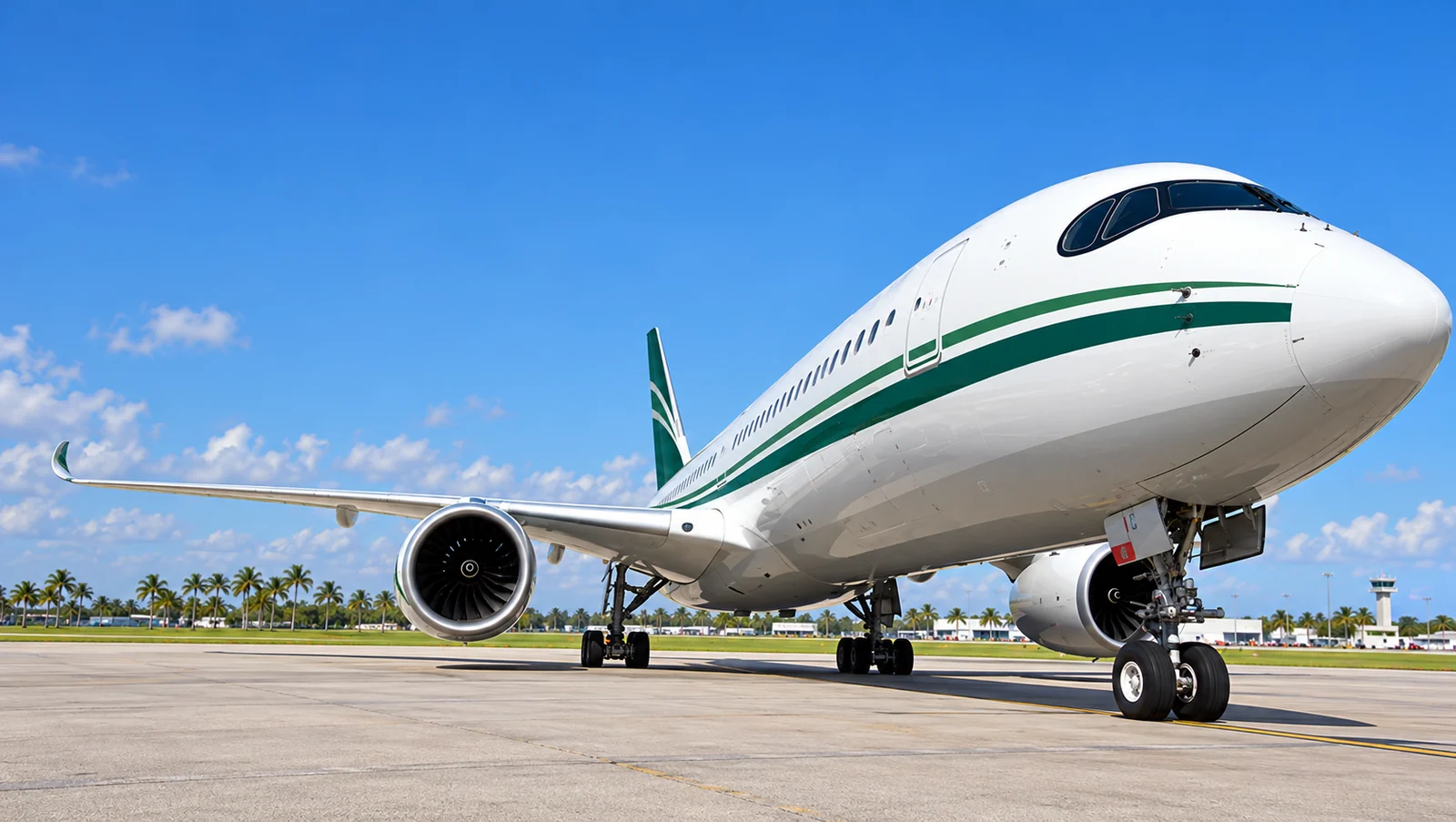 White commercial aircraft with green fuselage stripes on a sunny South Florida airport apron with palm trees