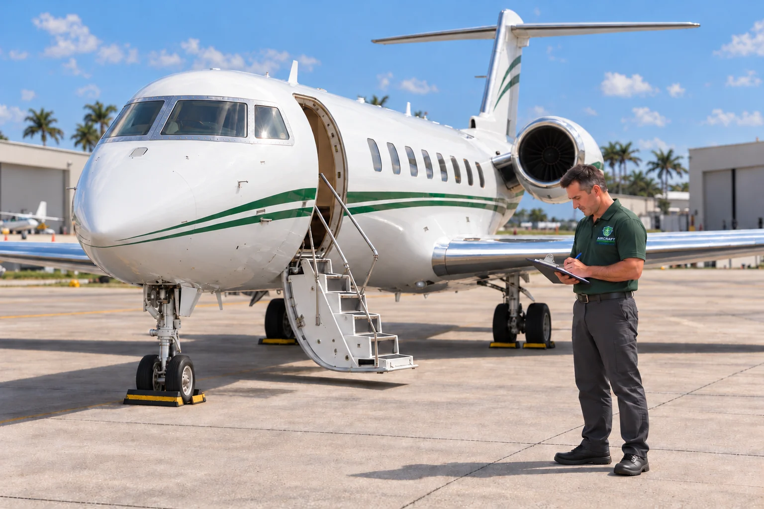Illustration of a technician wearing an Aircraft Disinsection Florida polo and completing final paperwork beside a white and green business jet in South Florida